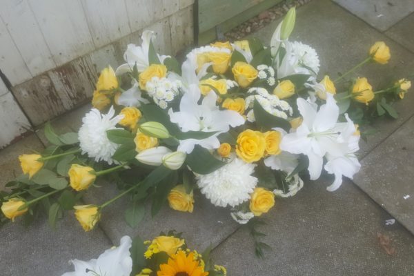 Yellow and White Full Length Casket Spray